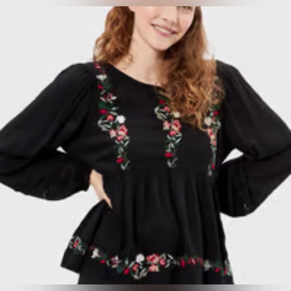 American Eagle Black Floral Embroidered Open Back Top